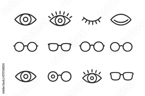 Eye and glasses line icon pack. Vision, sight, ophthalmology concept. Outline signs for web and graphic design, apps. Minimalist vector illustration of open, closed eyes, eyewear.