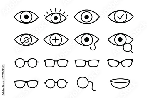 Eye and glasses line icon set. Ophthalmology and optometry symbols. Vision care, eyesight correction, medical exam. Farsightedness, blindness. Spectacles, monocle, contact lens.