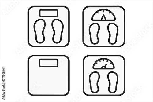 Floor scale icon set. Weight measurement concept for health, diet, fitness, and lifestyle. Vector outline illustration of bathroom scales. Pictogram for app and web design.