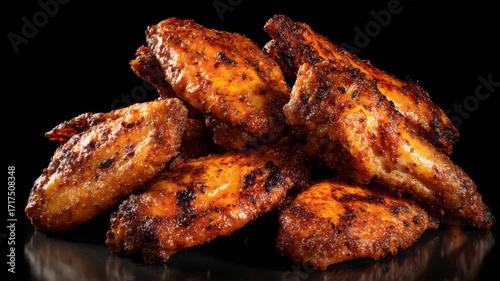 Closeup of spicy grilled chicken wings with glossy sauce texture, realistic style, isolated on black background. Concept of hot food craving