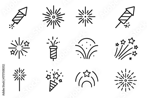 Fireworks line icon set for celebration, party, new year. Firecracker, rocket, sparkler, salute outline symbols. Vector pyrotechnic pictogram collection for web, app, UI design.