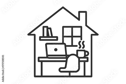 Work from home icon. Home office concept. Remote job, freelance workspace symbol. House with desk, laptop, chair. Quarantine, self-isolation workplace. Linear vector illustration.