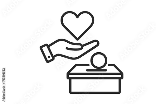 Donation and charity line icon. Hand giving a love heart and money to a donation box. Concept of support, help, and volunteering. Philanthropy and fundraising vector symbol.