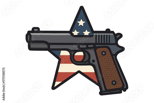 Pistol with American flag star vector illustration. USA patriotic symbol with handgun. Second amendment concept. Military weapon, army firearm icon for Veterans Day design.