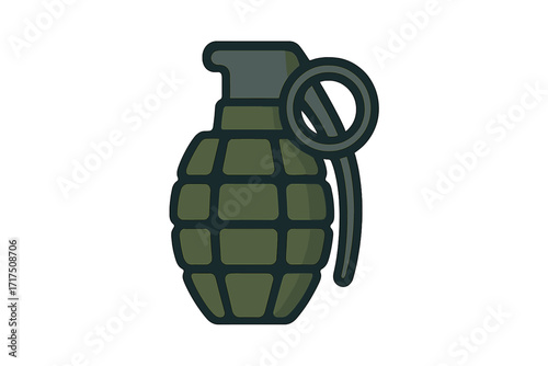 Hand grenade flat icon. Military army weapon. Fragmentation bomb symbol. Vector cartoon illustration of an explosive device. Concept of war, conflict, danger, and terrorism.