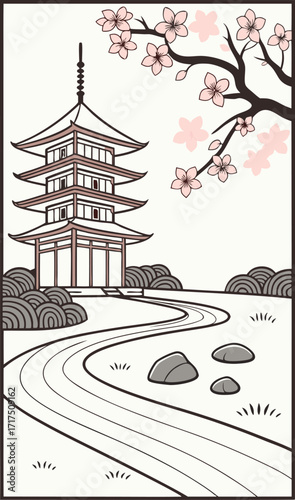 Elegant Japanese pagoda with cherry blossoms artfully drawn, invoking calm, perfect for travel posters or serene branding, originally an SVG.