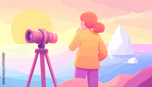 Woman with telescope on tripod looking at iceberg in ocean at sunset.