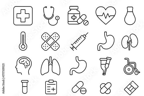 Medicine and healthcare line icon set, modern medical symbols collection for web design, apps, cards, includes linear organ icons, medical cross, pills, syringe, stethoscope, and wheelchair vector