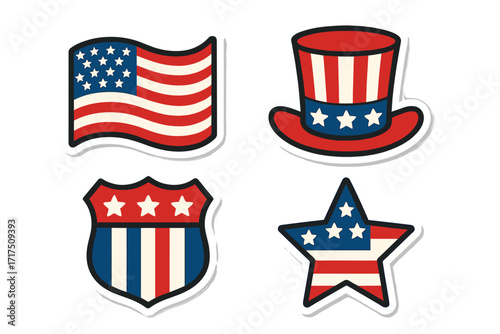 Military insignia icon set with Veteran Day patriotic symbols, flat style vector cartoon illustration with transparent background, American flag star shield and patriotic hat collection