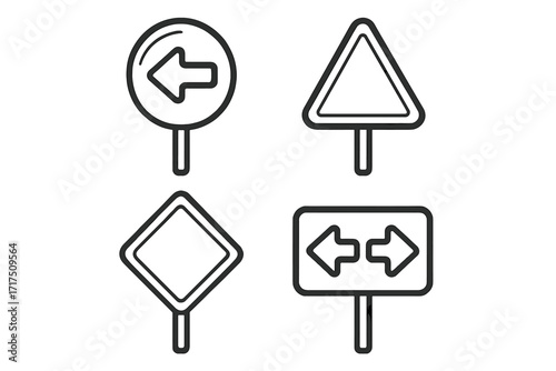 Set of linear motivation icons, directional arrows and geometrical shapes, vector cartoon illustration, transparent background, ordered traffic and navigation signs collection