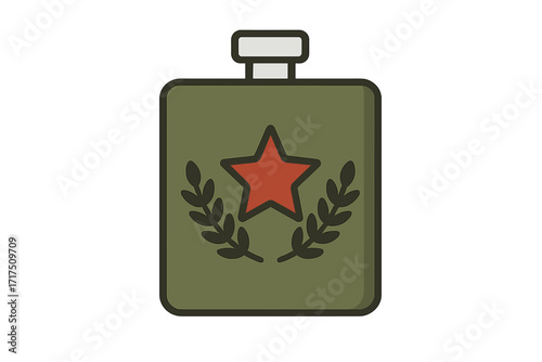Military canteen icon with red star and laurel wreath, veteran day symbol, flat style vector illustration, army water bottle, soldier gear cartoon, reusable flask design