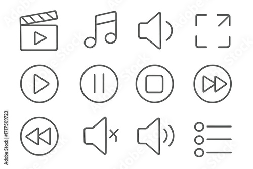 Pack of Media Player Related Line Icons with Editable Stroke for Web, Apps, and Cards Design, Featuring Linear Clapperboard, Music Note, Speaker, Playback Controls, and Playlist Symbols