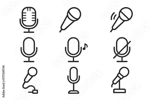 Set of microphone related line icons, outline signs for graphic and web design, apps, adverts, cards, vocal recording, podcasting, music, sound equipment vector illustration