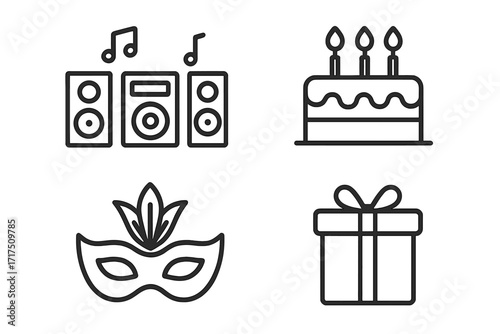 Pack of party related line icons with editable stroke for design, websites, apps, cards, containing linear images of musical center, birthday cake, masquerade mask, gift, celebration symbols