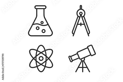 Set of Science and Education Line Icons with Editable Stroke for Design Projects, Websites, Apps, Cards, Includes Laboratory Flask, Geometry Compass, Atomic Model, Telescope Vector