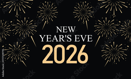 New Year's eve party greeting card with year number 2026, isolated on Gold text and background