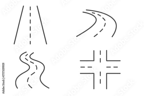 Road thin icons collection with editable stroke. Vector cartoon road symbols for websites, books, cards, apps. Transparent background, ordered set of straight, curved, winding roads and intersections