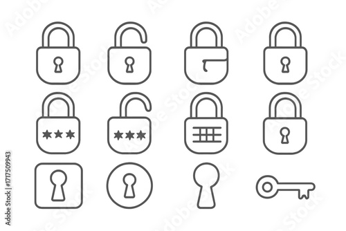 Set of editable thin line padlock and key icons with transparent background, vector cartoon illustration, security and protection symbols for websites, apps, cards, and books