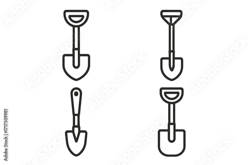 Shovel icon set with editable stroke, vector cartoon illustrations for web, books, cards, apps, and design projects on transparent background, ordered garden tool collection