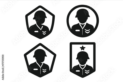 Soldier badge icon set in silhouette style, vector cartoon illustration with transparent background, military emblem collection, army rank symbols, vintage soldier badges, insignia and uniform details