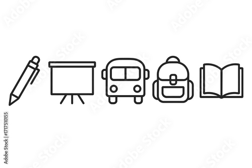 Pen, Presentation Board, School Bus, Backpack, and Open Book Line Icon Bundle, Editable Stroke Minimalistic Vector Set for Education, Learning, School and Office Design Elements