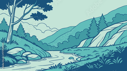 Serene mountain landscape with flowing river and lush trees, ideal for nature posters, travel brochures, and outdoor themed designs, peaceful scenery