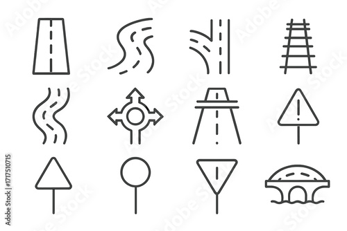 Road and Traffic Line Icons Set. Editable Outline Vector Collection of Simple Street, Highway, Railway, Warning Signs, Roundabout, and Bridge Symbols for Web, App, Book Design.