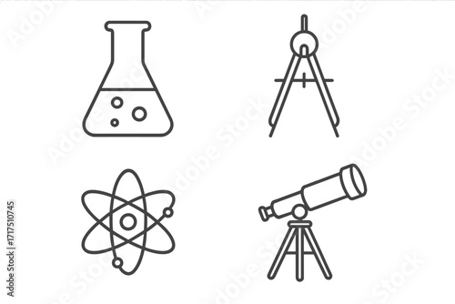 Modern science icon bundle with linear laboratory flask, drawing compass, atomic model, and telescope vector illustrations for web, app, and graphic design