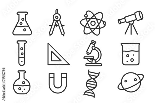 Science line icon collection modern design elements for websites apps cards laboratory flask compass atom telescope microscope DNA magnet planet vector