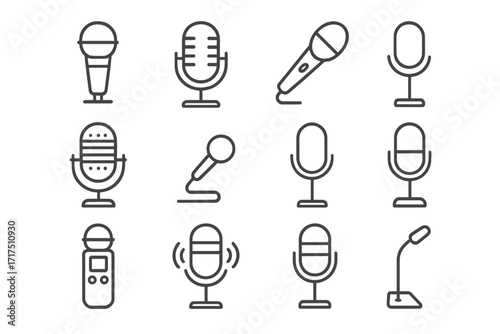 Set of microphone related line icons, outline signs for graphic design, web, apps, adverts, various cards, vector cartoon illustration, transparent background, sound equipment symbols