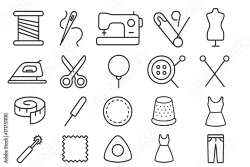Sewing and garment tools thin line icon set, editable stroke vector illustration for banners, cards, social networks, apps, dressmaker equipment, tailoring graphics, fashion design symbols