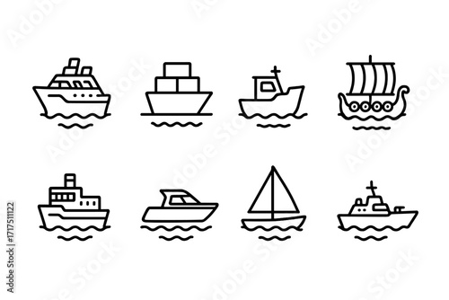 Ship line icon set with outline signs for graphic and web design, apps, adverts, various cards, vector cartoon illustrations, different types of boats and ships on water, ordered set