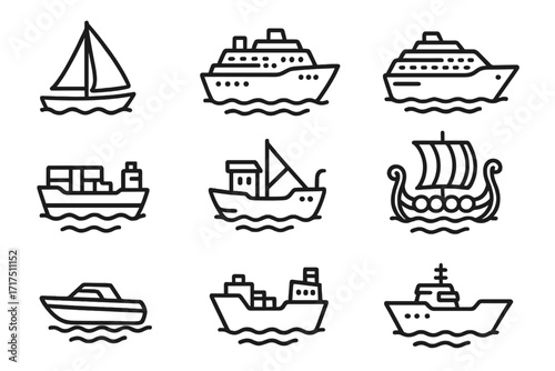 Ship line icon set with various boat types, outline signs for graphic, web design, apps, adverts, card decoration, vector cartoon illustration, maritime transport symbols
