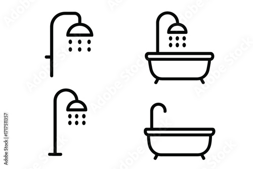 Modern shower and bathtub outline icons set, minimalistic bathroom vector illustrations for design, apps, social media, web, hygiene, bathing, water droplets, clean lifestyle, home decor elements