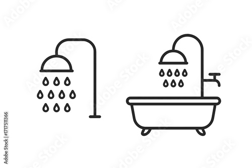 Modern shower and bathtub outline style icons, bathroom water drops, minimalist vector illustration, home hygiene, clean design, digital app and social network graphics, transparent background