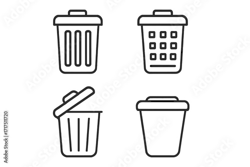 Trash can icon set. Editable stroke vector illustration of trash bin symbols, garbage cans with lids open and closed, outline style for web, apps, cards, books. Clean design.