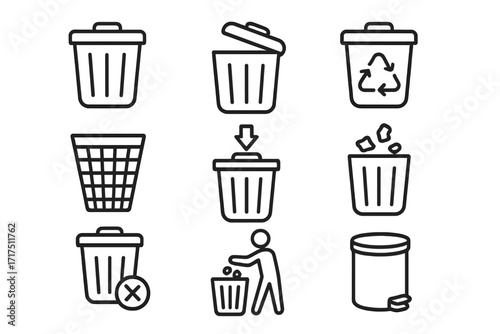 Simple Trash Can Line Icons Collection, Editable Stroke Vector Set for Web, Mobile Apps, Books, Cards, Minimalist Cartoon Style Garbage Bin Symbols with Recycling and Waste Disposal