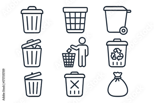 Simple trash can icons set, isolated line art collection with editable stroke for web, apps, books, cards, clean and minimal vector illustration, recycling and waste management symbols