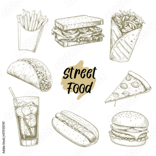 food vector  sketch  background, collection, wallpaper, hamburger, pizza, illustration, hot dog, french fries, sandwich, taco 