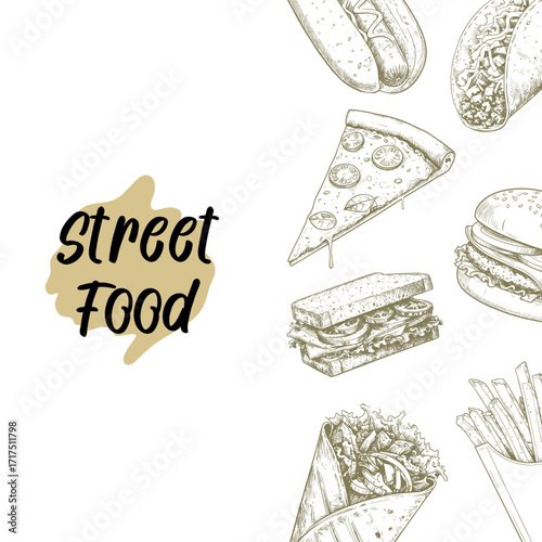 food vector  sketch  background, collection, wallpaper, hamburger, pizza, illustration, hot dog, french fries, sandwich, taco 