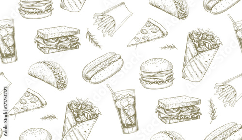 Pattern  fast food sketch hot dog, french fries, sandwich, taco, vector illustration