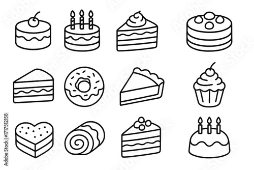 Various cakes icon set with editable stroke, vector cartoon illustration of birthday cakes, cupcakes, donut, pie, heart-shaped cake, roll cake, layered desserts, ideal for web, books, cards, apps