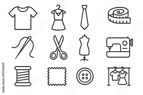 Sewing and garment icons set. Editable stroke line art for fashion design, tailoring, dressmaking, needlework, measuring tape, scissors, sewing machine, fabric, buttons, clothing rack