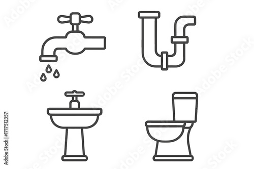 Bathroom line icon set. Simple pictograms for plumbing service and sanitary ware. Faucet, water drop, pipe, sink and toilet symbols. Restroom, washroom and WC vector signs.