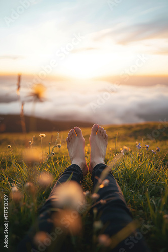 Feet stretched out on grassy hill, toes pointing toward bright horizon, blurred flowers and blades of grass in foreground, soft gradients in sky creating dreamy relaxed ambience.