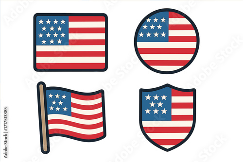 Vintage American flag icon set. Historical USA national emblem collection. Retro patriotic symbols in shield, circle, and waving shapes. Vector illustration for sticker or badge.