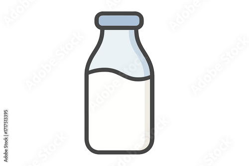 Milk bottle icon in flat cartoon style. Fresh dairy drink in glass container. Vector illustration for healthy food, nutrition, breakfast, diet, and organic farm products.