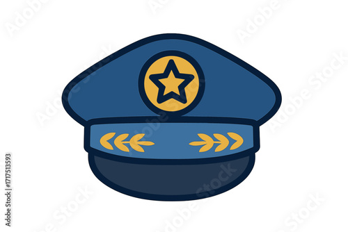 Pilot hat captain cap icon. Police officer or military uniform element. Flat cartoon vector illustration isolated. Aviation, marine or law enforcement symbol of authority.