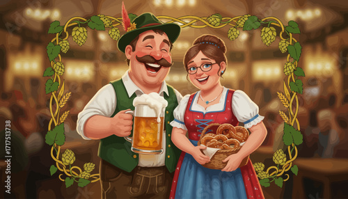 Oktoberfest illustration of a man holding beer and a woman with pretzels.