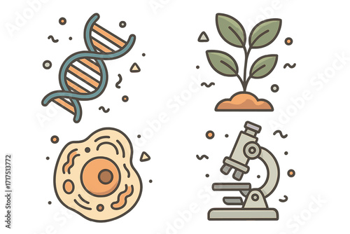 Biology science vector icon set. Cartoon illustration of DNA helix, plant sprout, biological cell, microscope. For genetics, research, botany, cytology, education, laboratory.